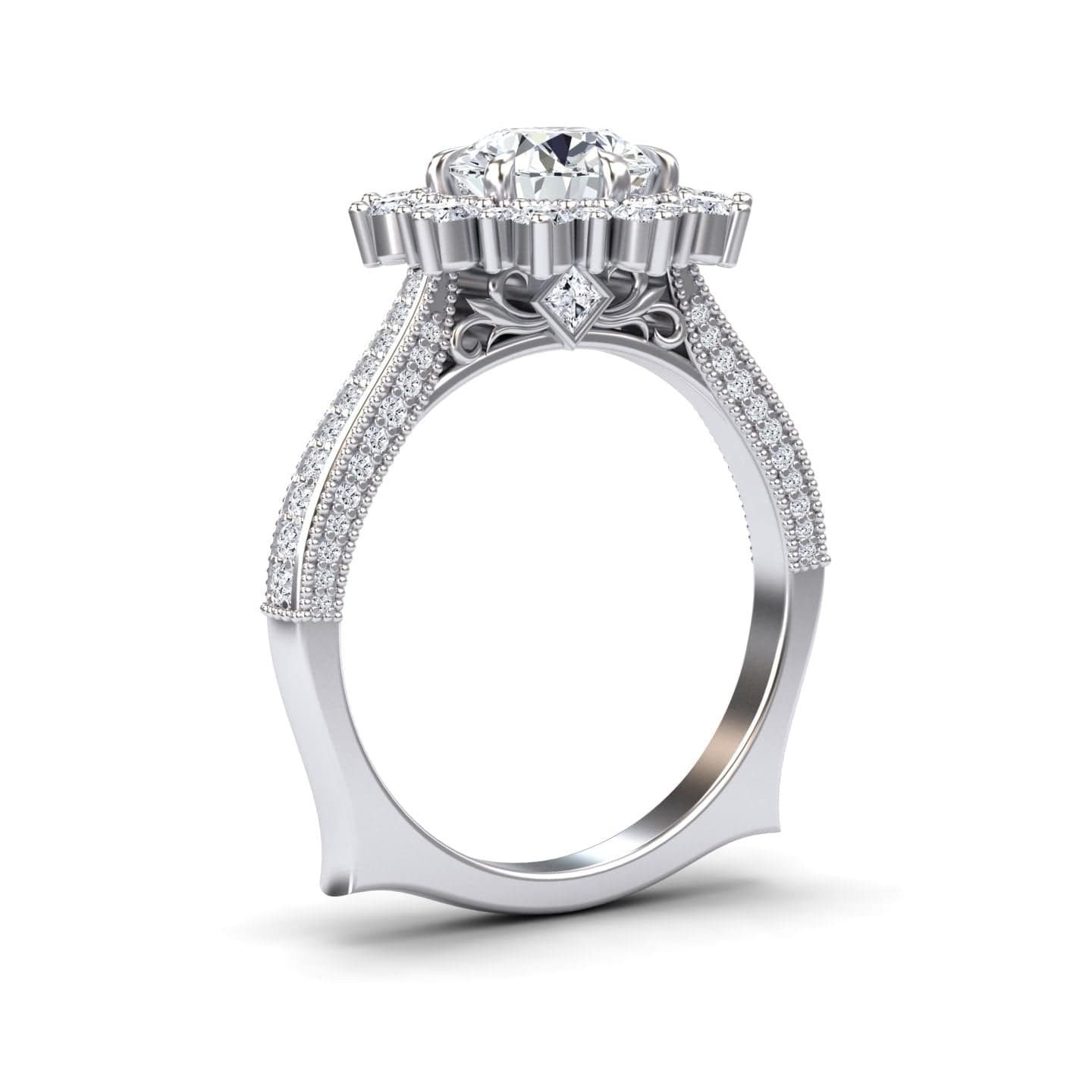 White Diamond Vintage-Inspired Ruffled Halo Engagement Ring - Charvi