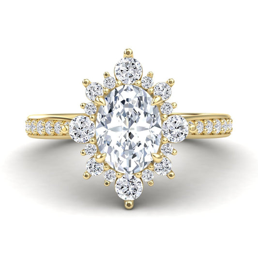 White Diamond Three-Stone Starburst Halo Pave Accented Engagement Ring - Heather