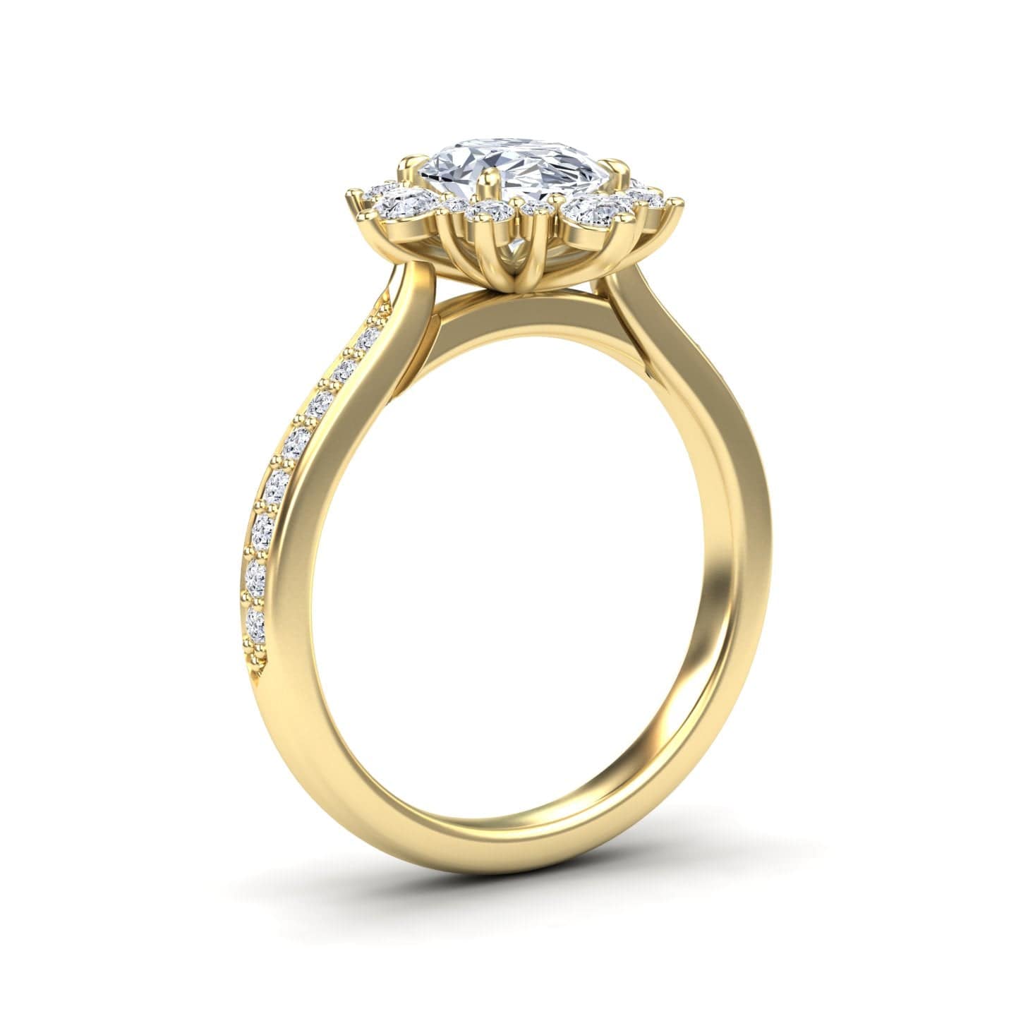 White Diamond Three-Stone Starburst Halo Pave Accented Engagement Ring - Heather