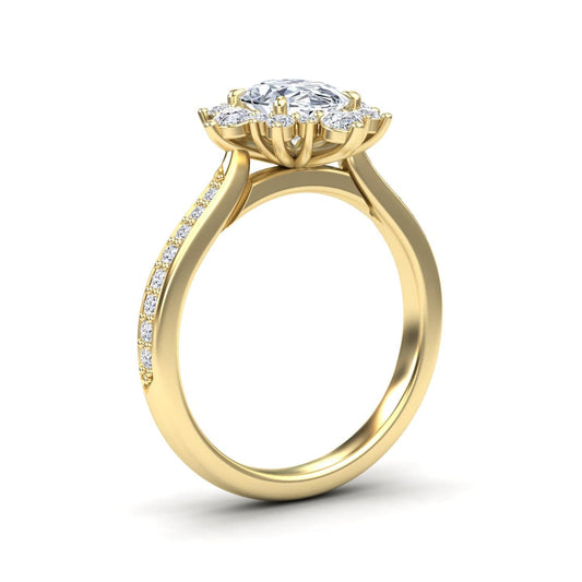 White Diamond Three-Stone Starburst Halo Pave Accented Engagement Ring - Heather