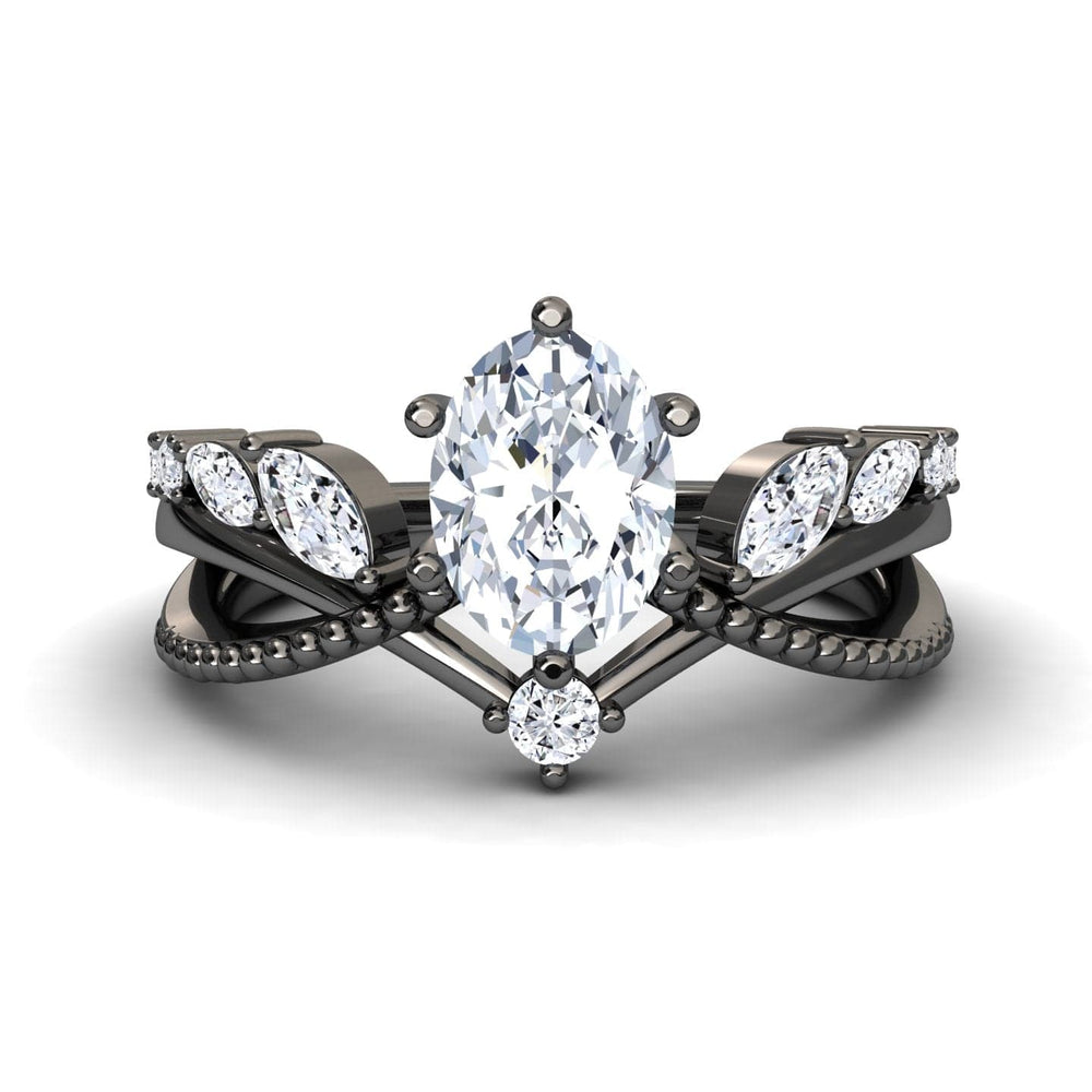 White Diamond Leaf-Inspired Twisted Milgrain Band Engagement Ring