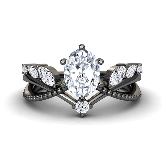 White Diamond Leaf-Inspired Twisted Milgrain Band Engagement Ring - Shulan