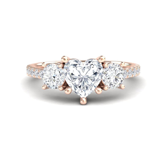 White Diamond Elegant Pave Band Three Stone Engagement Ring - Linda