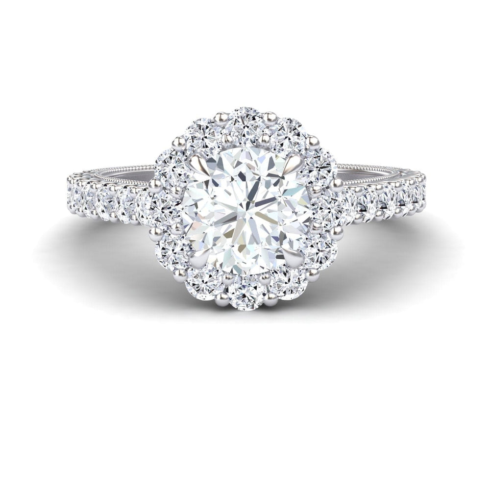 White diamond vintage-inspired scalloped halo engagement ring
