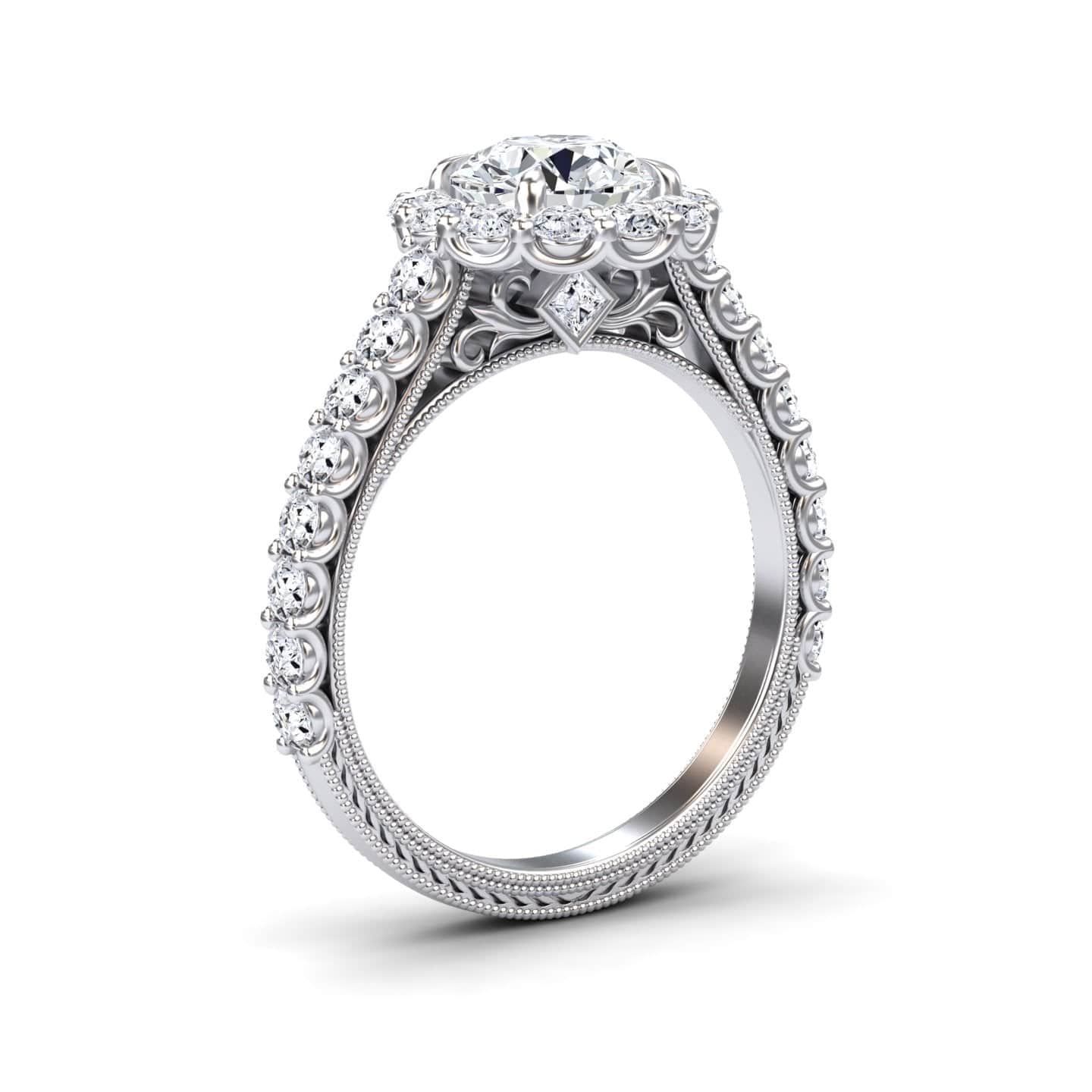 White Diamond Vintage-Inspired Scalloped Halo Engagement Ring - Rosalind