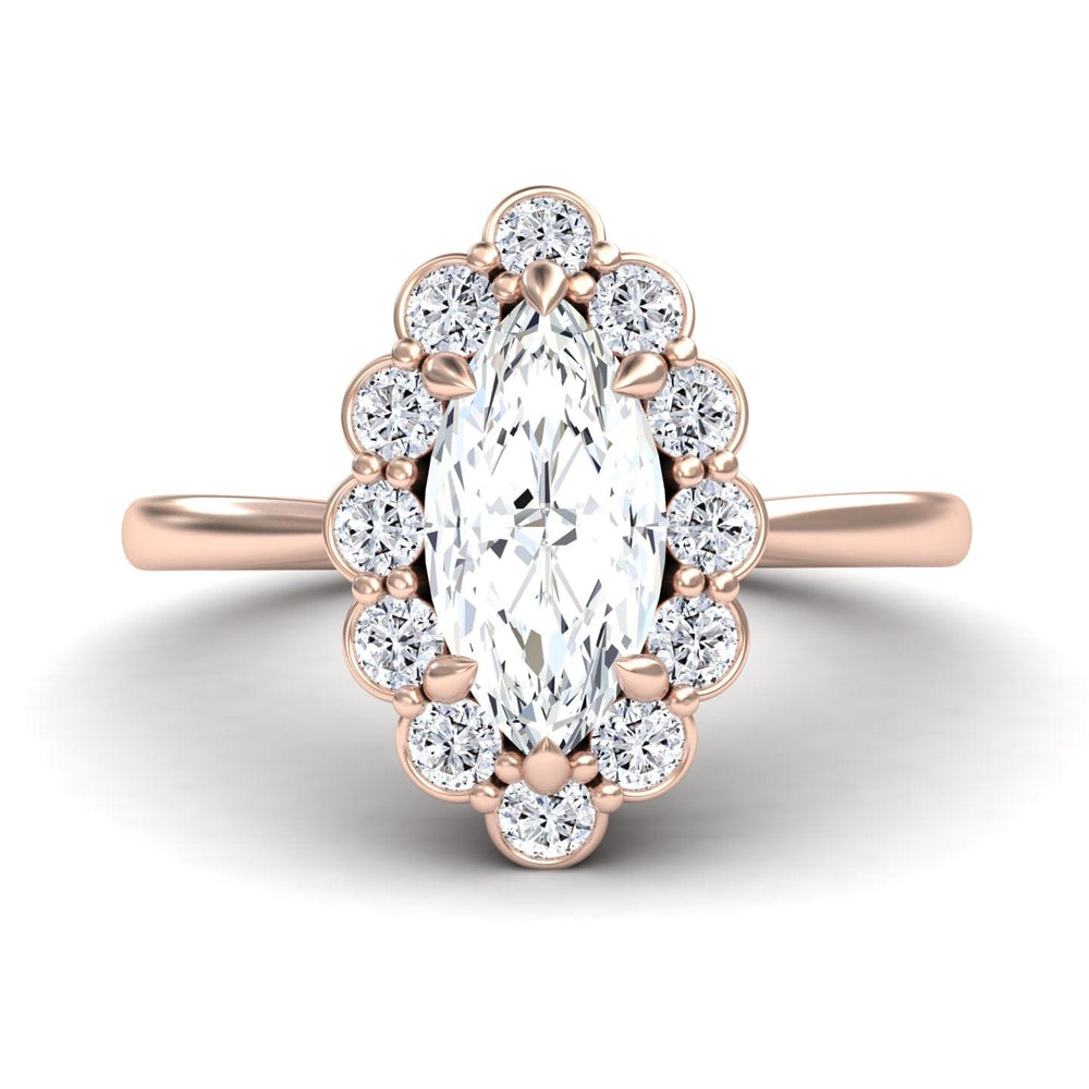White diamond vintage-inspired floral halo scalloped accented engagement ring