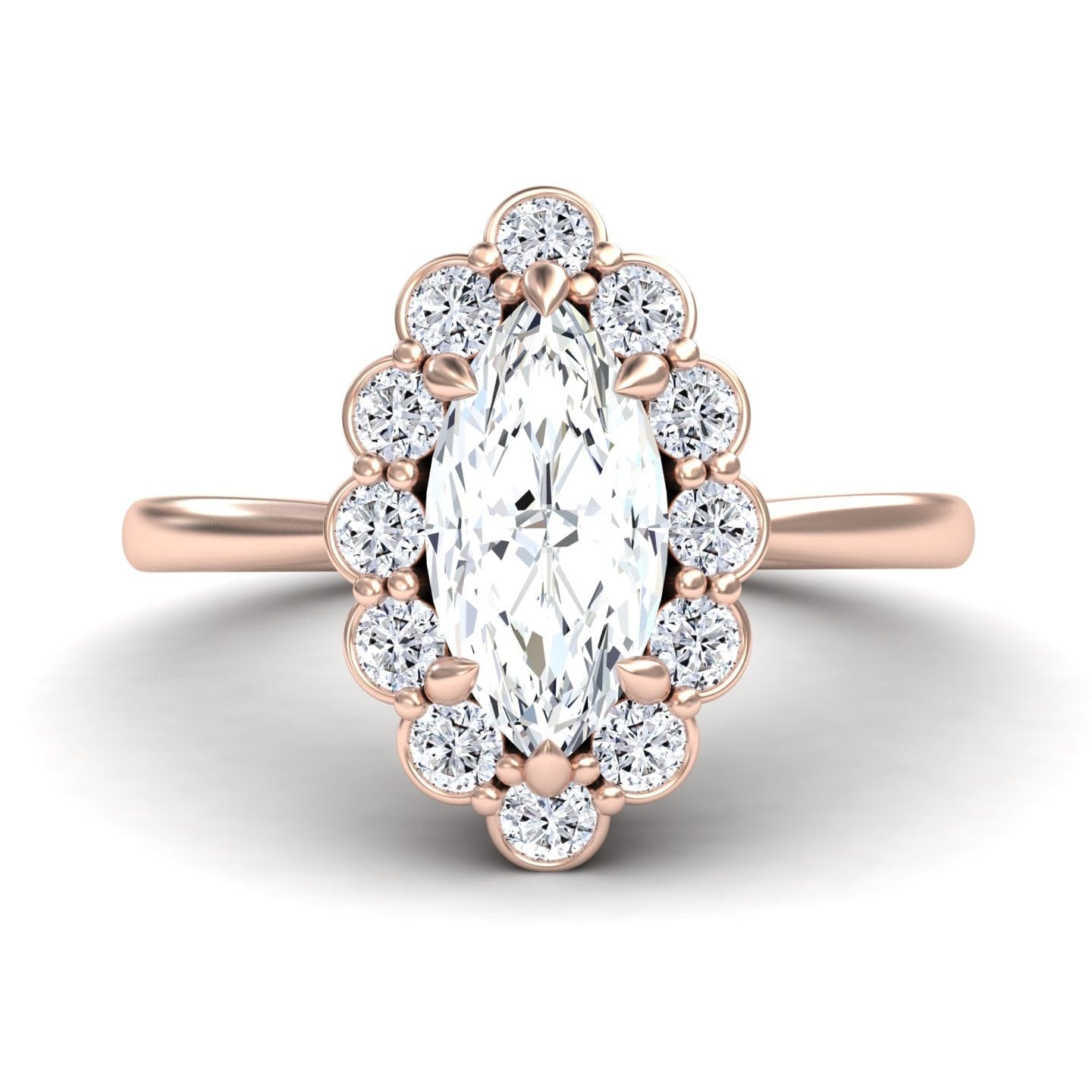 White Diamond Vintage-Inspired Floral Halo Scalloped Accented Engagement Ring - Haiqing