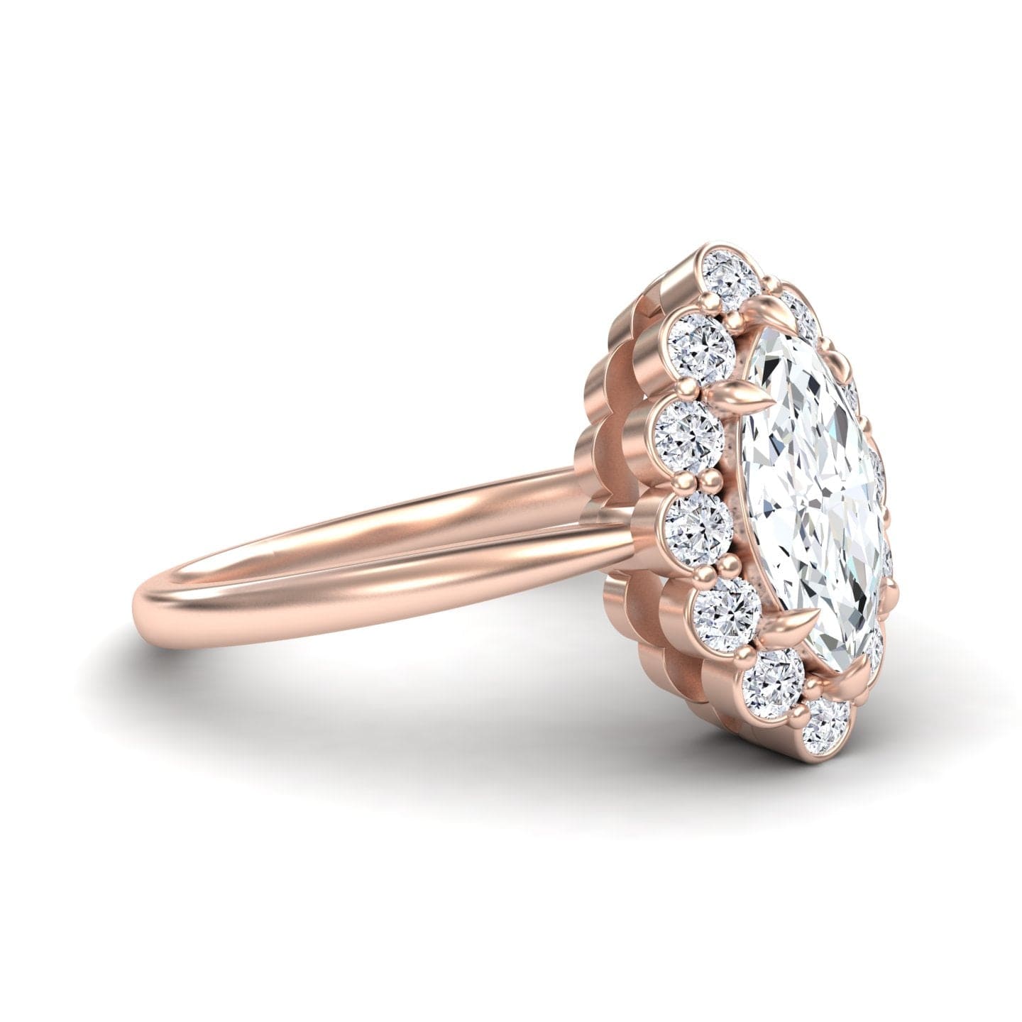 White Diamond Vintage-Inspired Floral Halo Scalloped Accented Engagement Ring - Haiqing