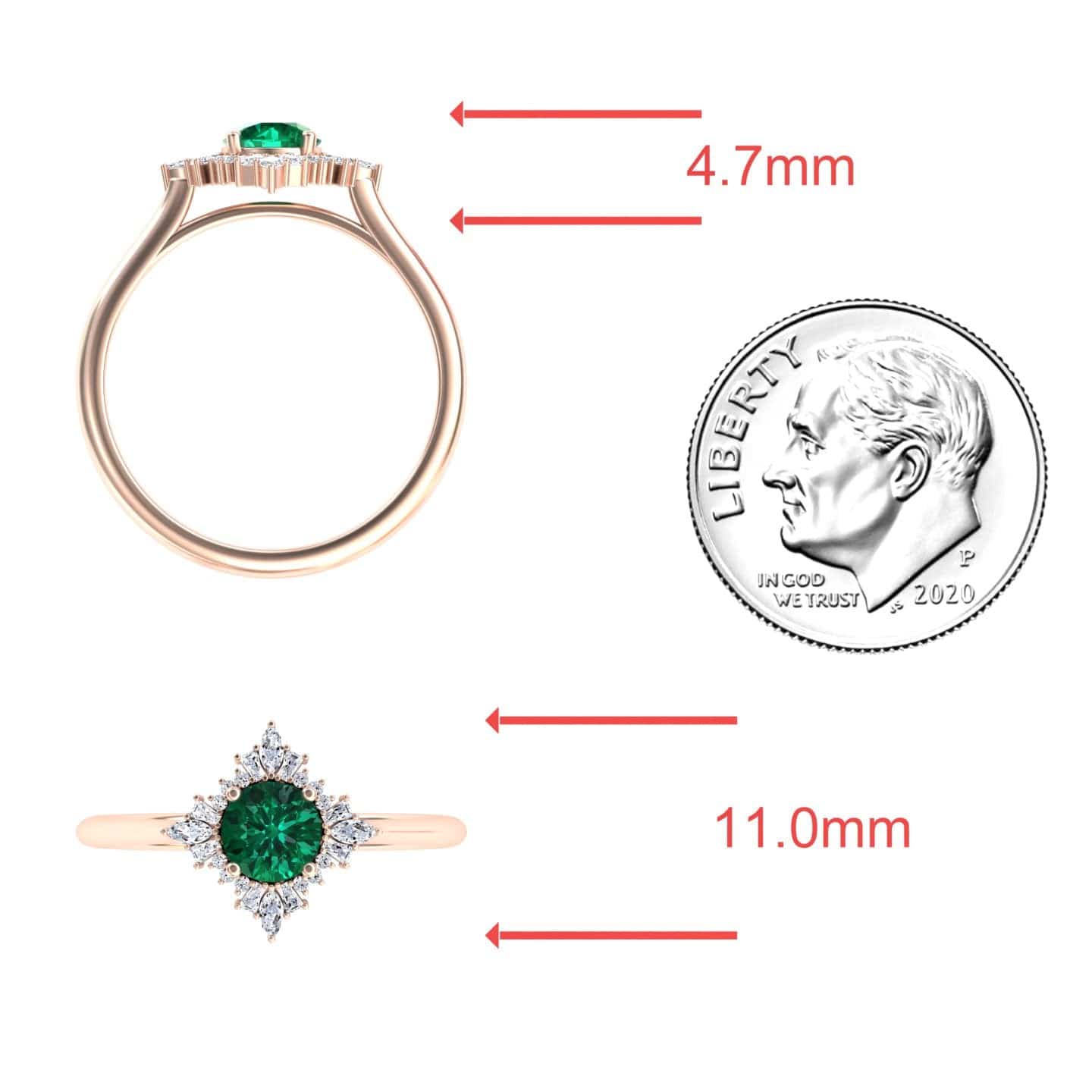 0.47-carat Emerald & Diamond Vintage-Inspired Starburst Ring in 18K Rose gold, Delia style, coin view