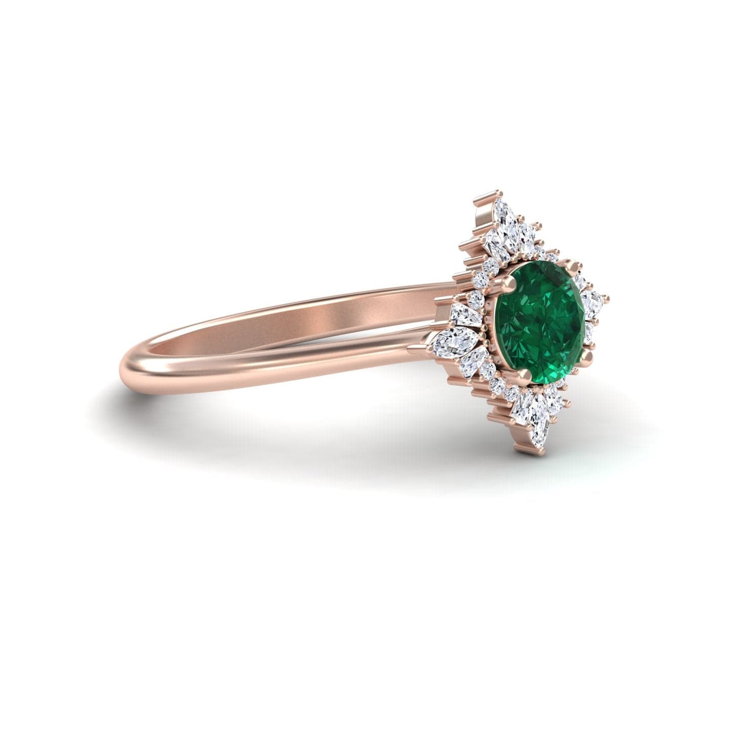 0.47-carat Emerald & Diamond Vintage-Inspired Starburst Ring in 18K Rose gold, Delia style, slant view