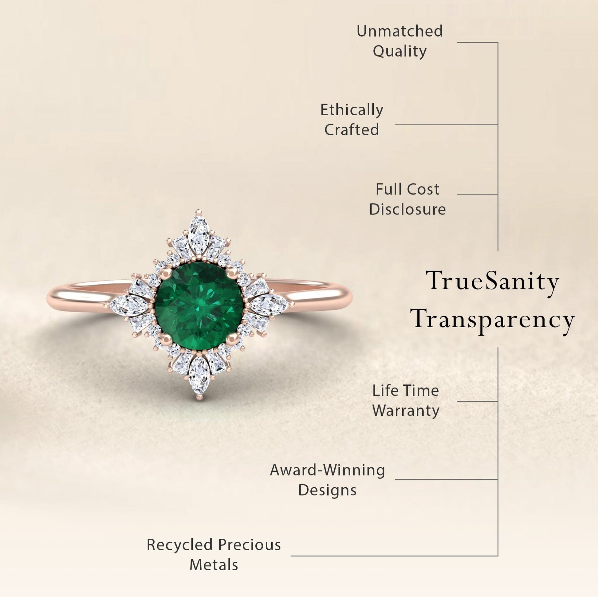 0.47-carat Emerald & Diamond Vintage-Inspired Starburst Ring in 18K Rose gold, Delia style, transparency view