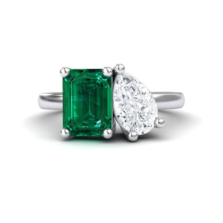 1.38 carat Lab Grown Emerald & Moissanite Toi et Moi Cocktail Ring in 14K White gold, Ellen style, front view