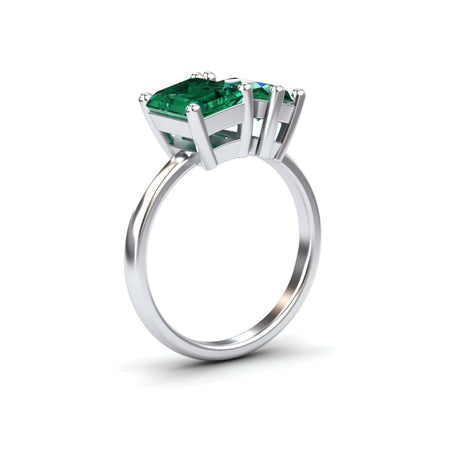 1.38 carat Lab Grown Emerald & Moissanite Toi et Moi Cocktail Ring in 14K White gold, Ellen style, side view