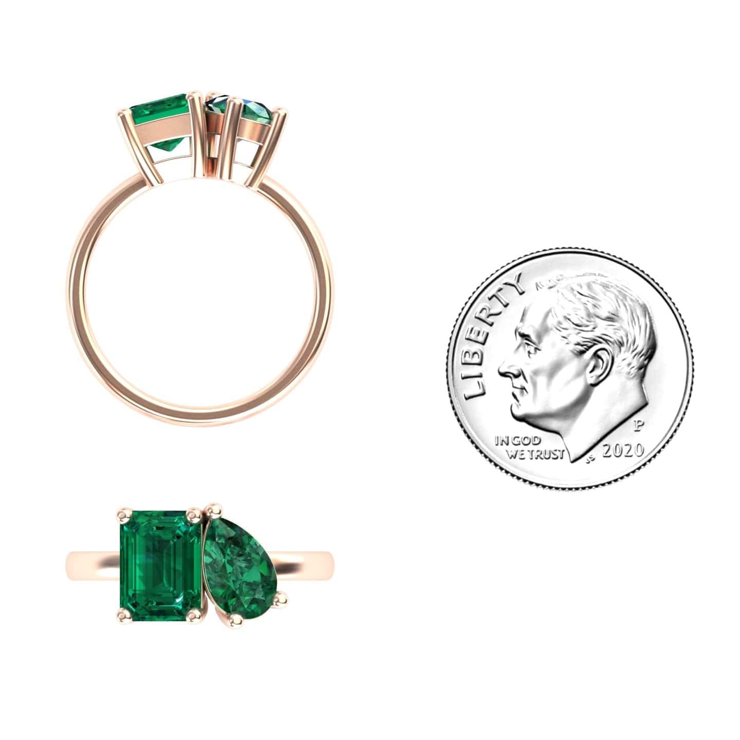 1.38-carat Lab Grown Emerald Toi et Moi Cocktail Ring in 14K Rose gold, Ellen style, coin view