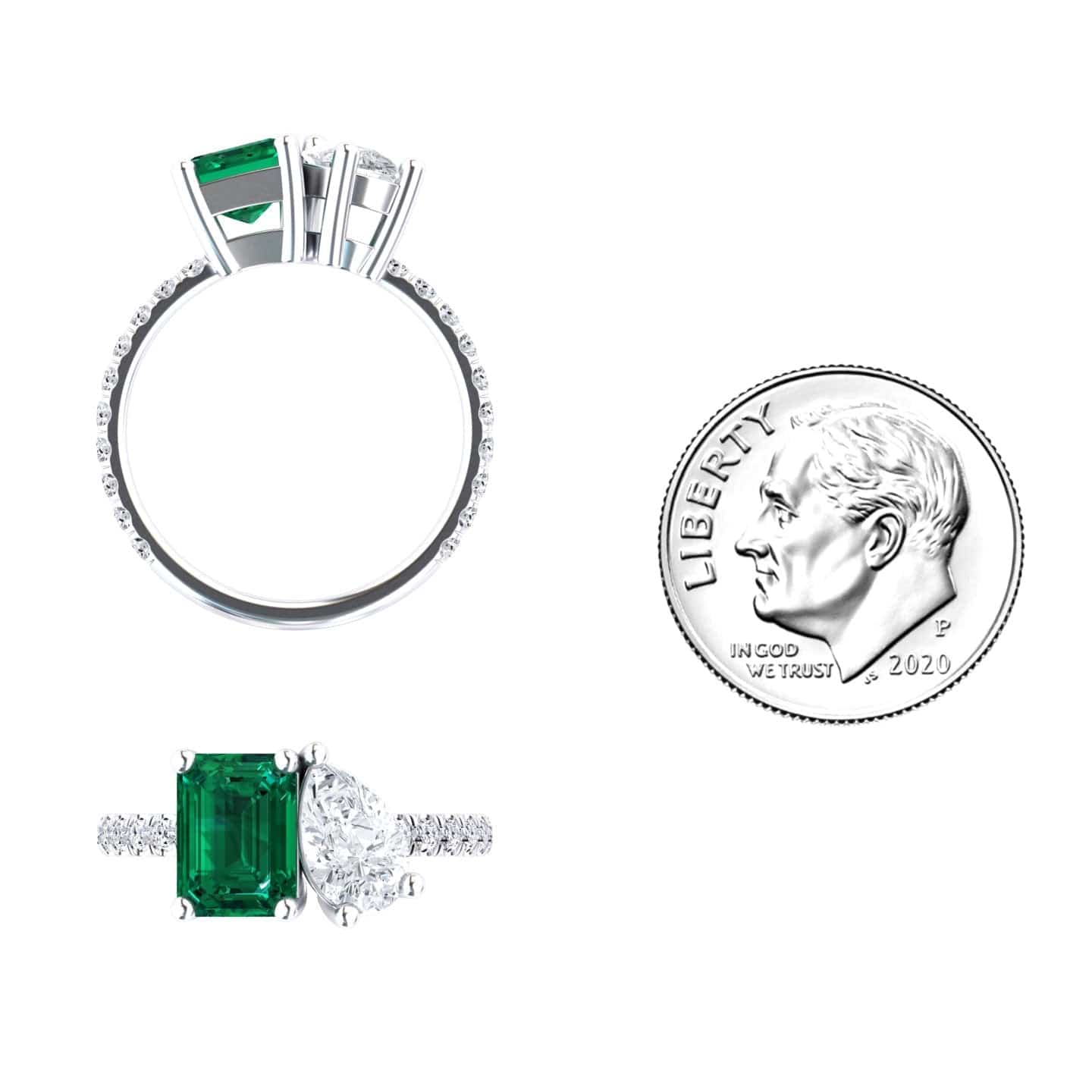 1.38-carat Lab Grown Emerald & Moissanite Toi et Moi Ring in 14K white gold, Gauri style, coin view