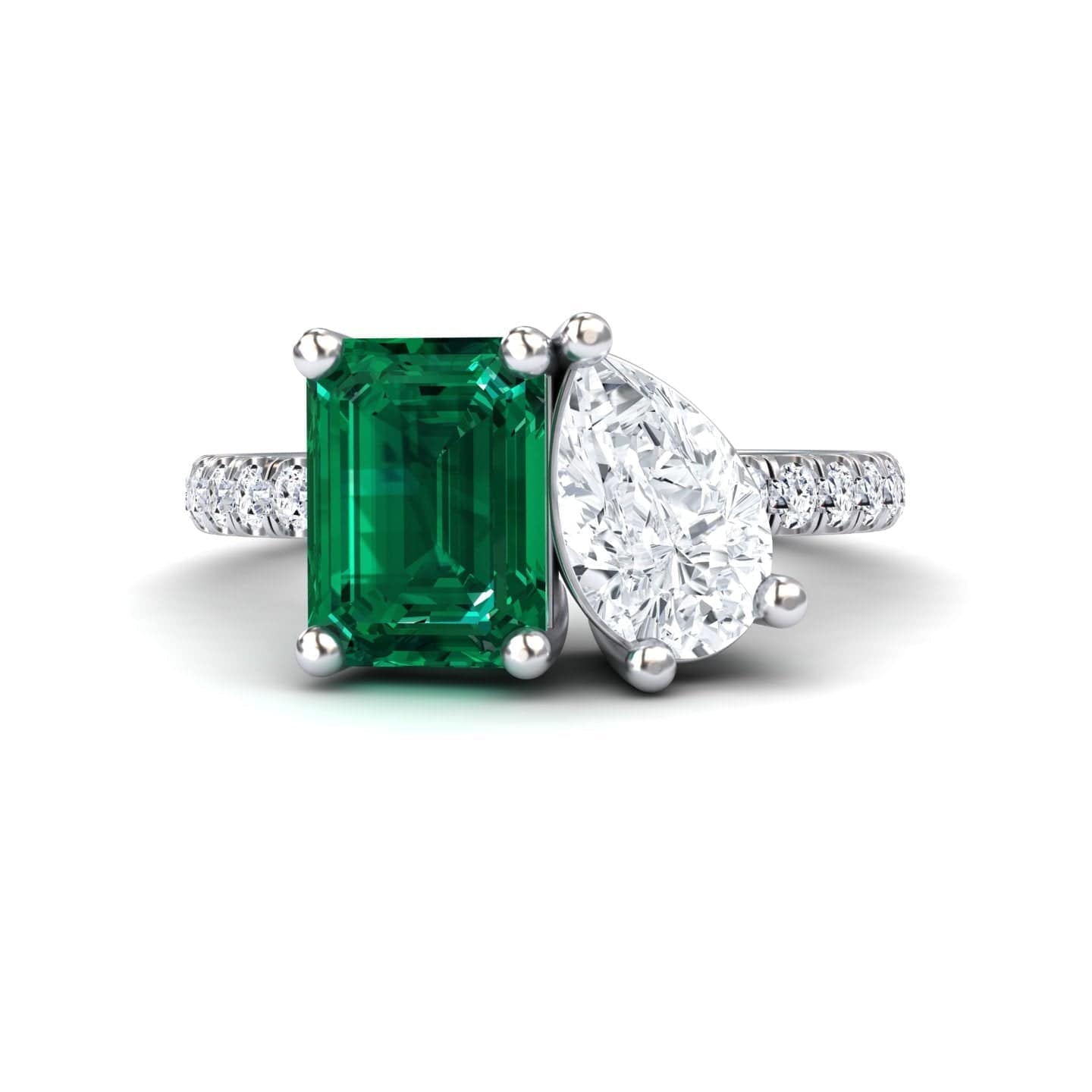 1.38-carat Lab Grown Emerald & Moissanite Toi et Moi Ring in 14K white gold, Gauri style, front view