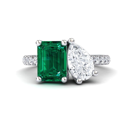 1.38-carat Lab Grown Emerald & Moissanite Toi et Moi Ring in 14K white gold, Gauri style, front view