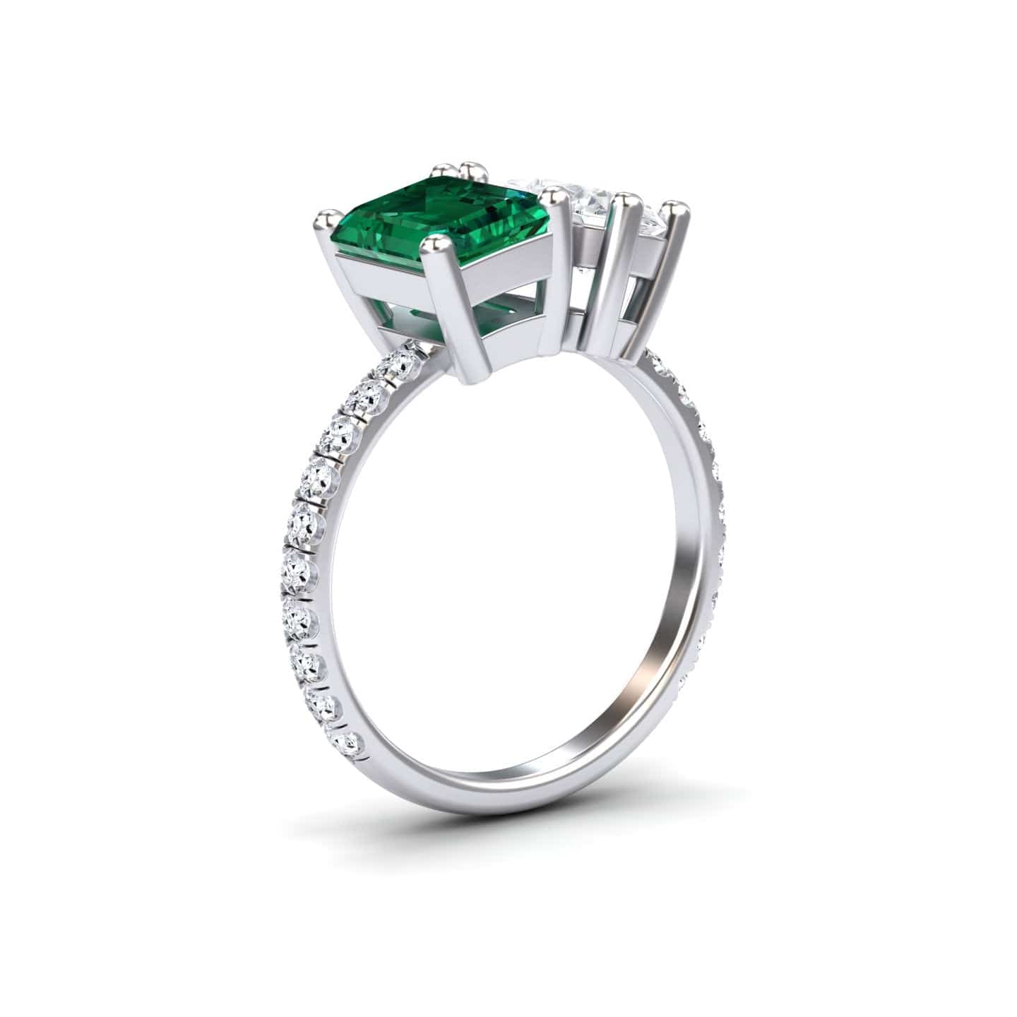 1.38-carat Lab Grown Emerald & Moissanite Toi et Moi Ring in 14K white gold, Gauri style, side view
