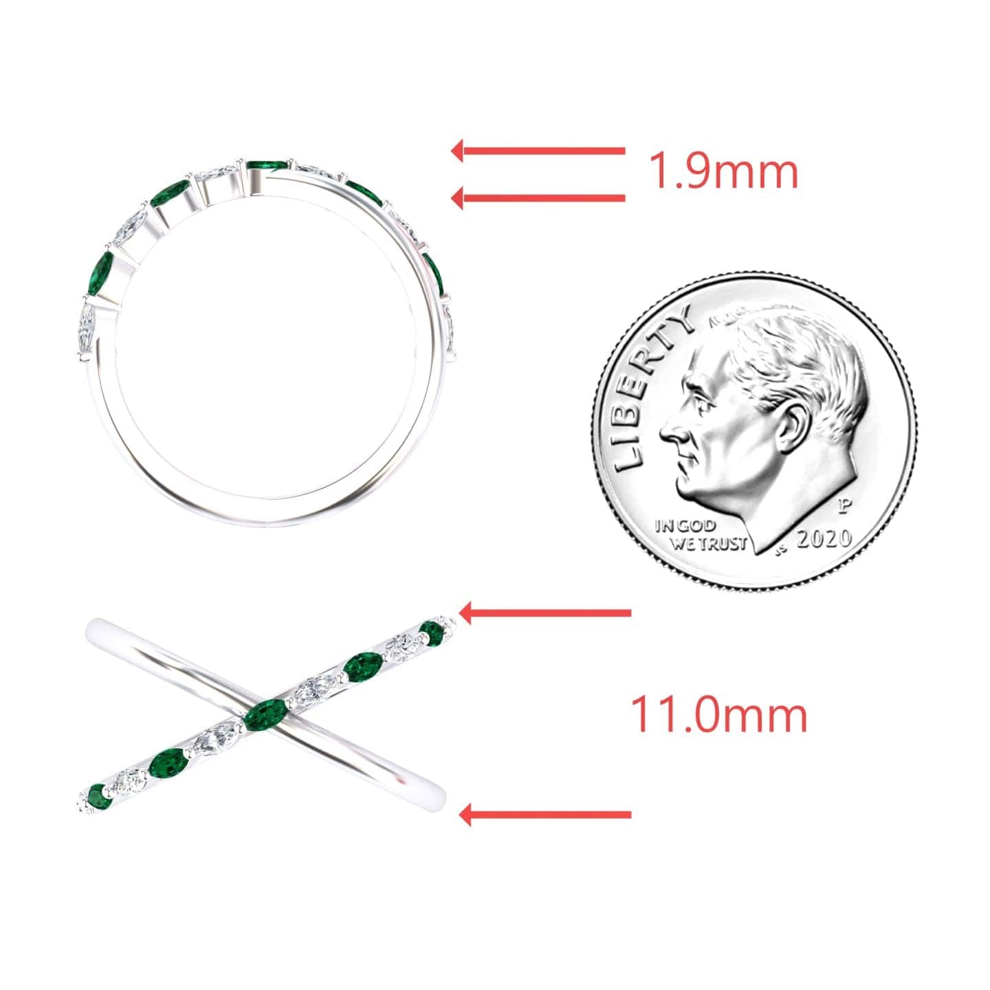 0.20 carat Emerald & Diamond Crossover Ring in 14K White gold, Gracie style, coin view