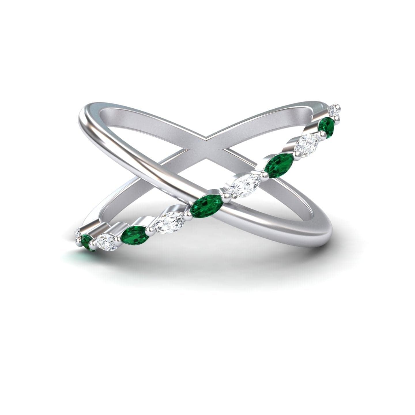 0.20 carat Emerald & Diamond Crossover Ring in 14K White gold, Gracie style, front view