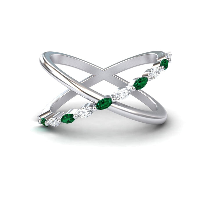 0.20 carat Emerald & Diamond Crossover Ring in 14K White gold, Gracie style, front view