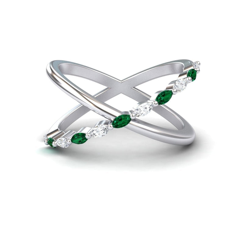 0.20 carat Emerald & Diamond Crossover Ring in 14K White gold, Gracie style, front view