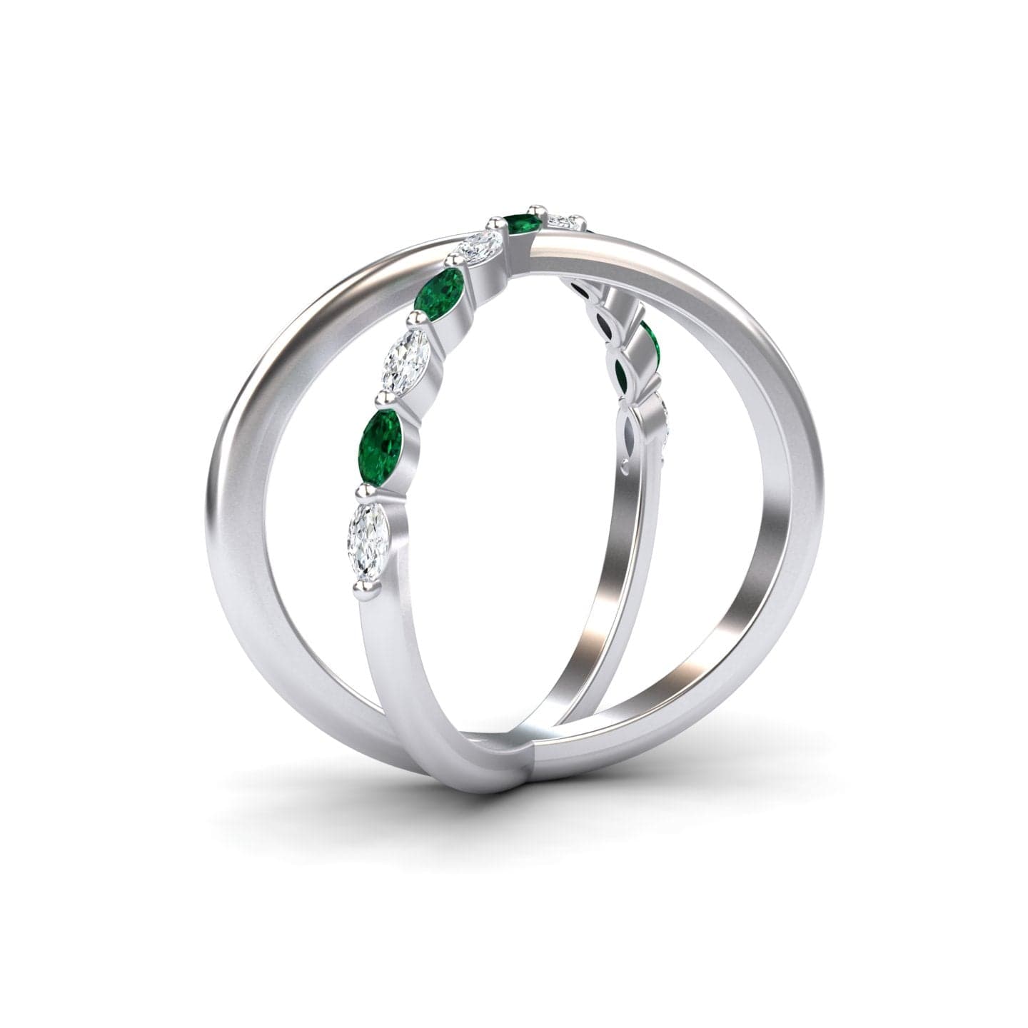 0.20 carat Emerald & Diamond Crossover Ring in 14K White gold, Gracie style, side view