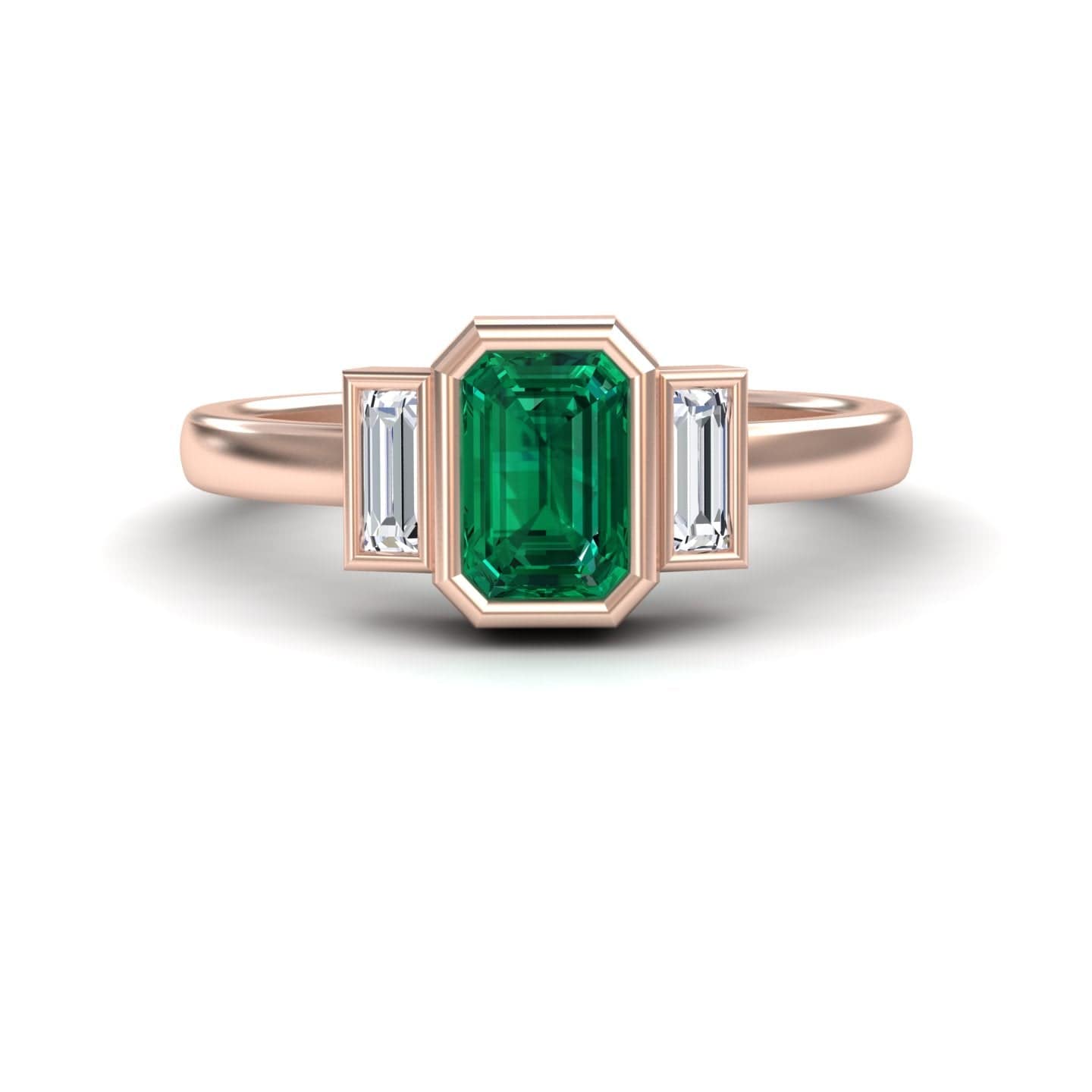 0.58-carat Emerald & Diamond Three-Stone Art Deco Ring in 14K Rose gold, Ivy style, front view
