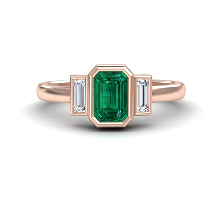 0.58-carat Emerald & Diamond Three-Stone Art Deco Ring in 14K Rose gold, Ivy style, front view