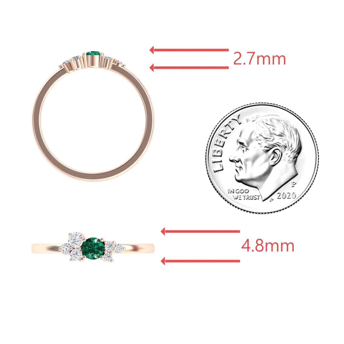 0.18-carat Emerald & Diamond Cluster Ring in 14K Rose gold, Liana style, coin view