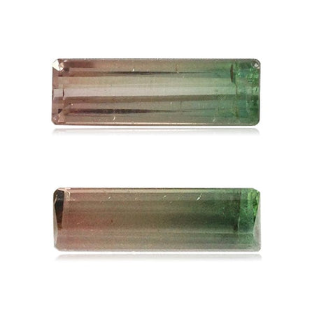 The 5.30 carat Emerald 19.20x6.40x4.60 Natural Bi-Color Tourmaline showcases classic emerald-cut facets with a peach-to-green gradient, exemplifying tourmaline’s signature beauty against a white background.