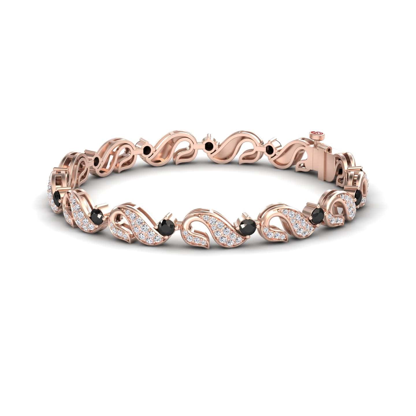 The Black & White Diamond Swirl Link Bracelet - Elizabeth features an intricate rose gold design with alternating black and white diamonds in each swirling link, shown against a white background.