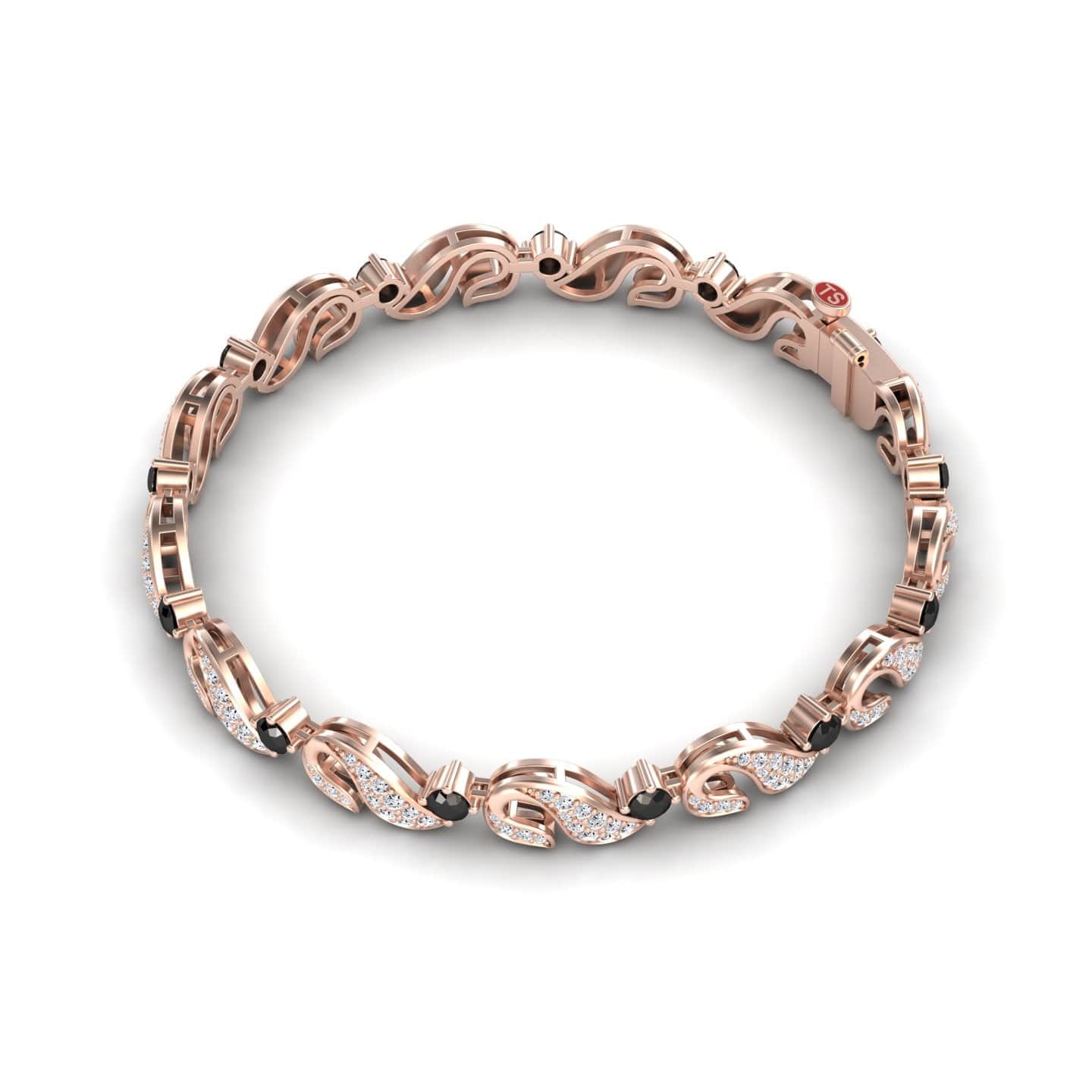 The Black & White Diamond Swirl Link Bracelet - Elizabeth features interlocking swirl links, some adorned with sparkling black and white diamonds, displayed on a white background.