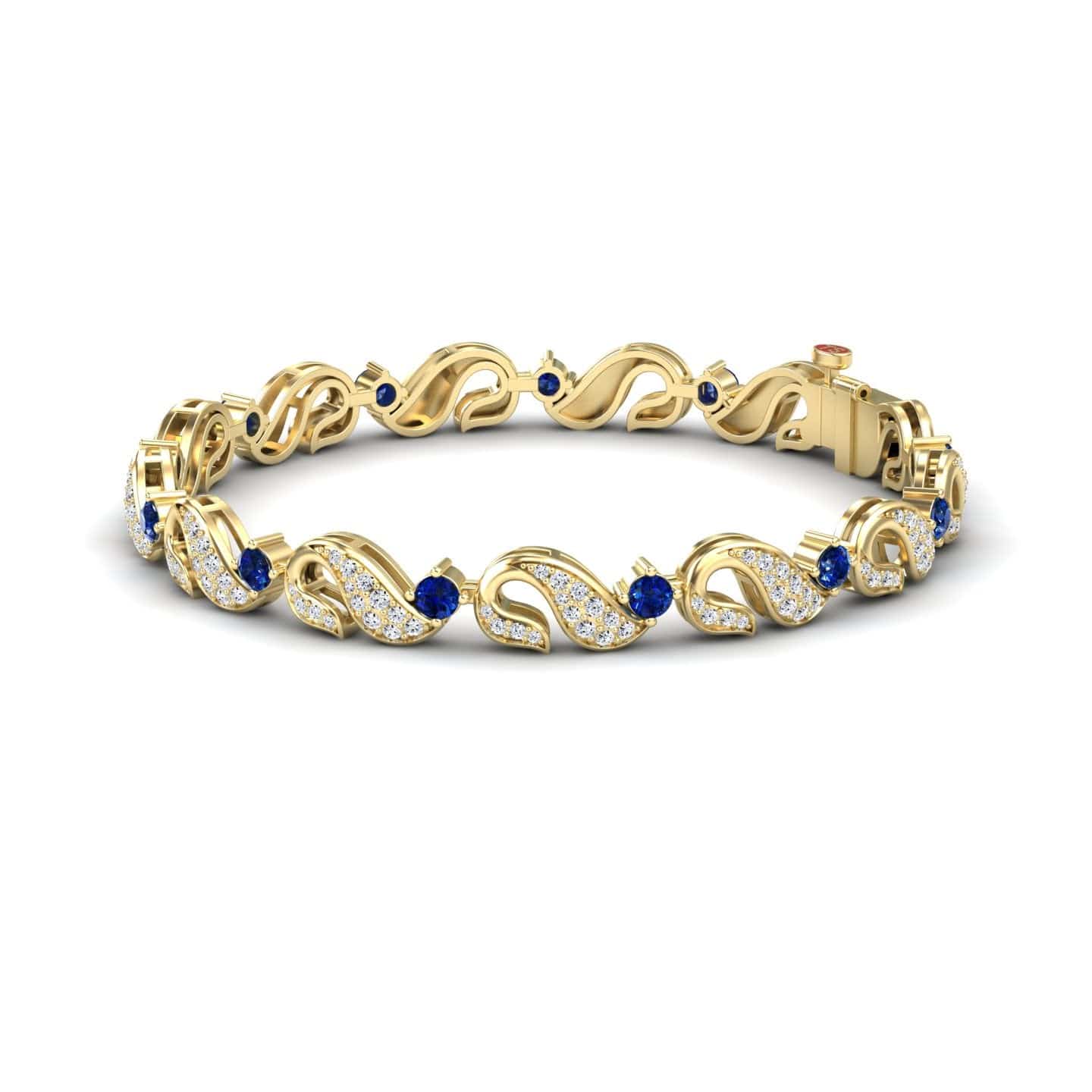 The Blue Sapphire & Diamond Swirl Link Bracelet - Elizabeth features wavy gold links with small white diamonds and round blue sapphires, secured with a sturdy clasp.