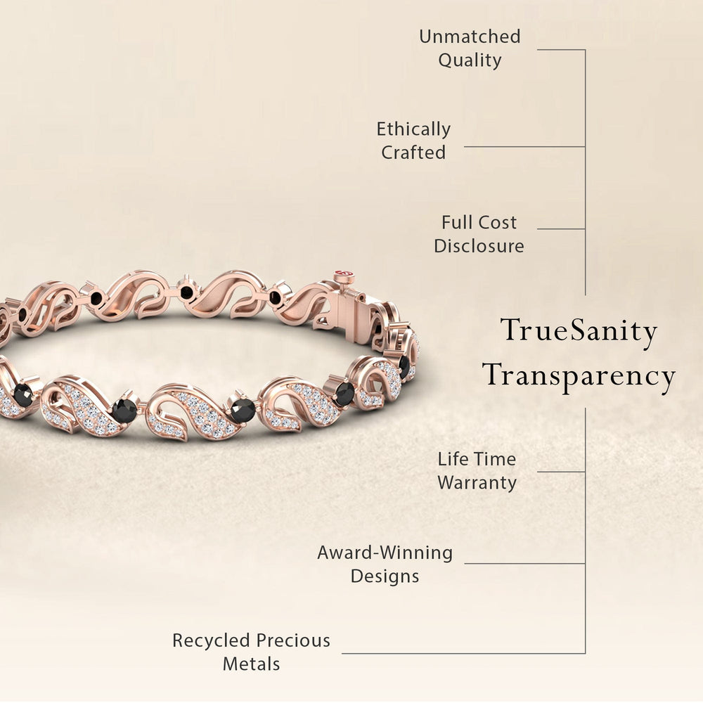 The Black & White Diamond Swirl Link Bracelet - Elizabeth, shown in rose gold, features unmatched quality, award-winning design, ethically crafted from recycled precious metals with full cost disclosure and a lifetime warranty.