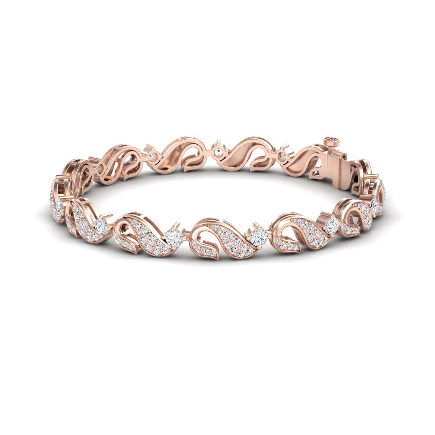 The White Diamond Swirl Link Bracelet - Elizabeth showcases an elegant rose gold wavy pattern adorned with sparkling white stones for a luxurious, intricate look.