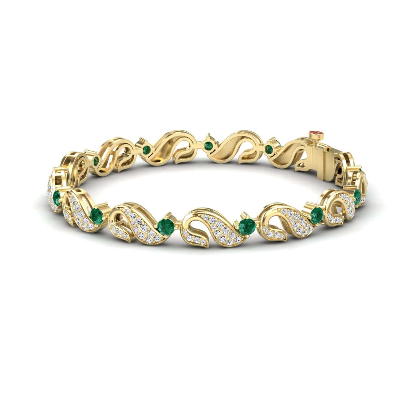 The Emerald & Diamond Swirl Link Bracelet - Elizabeth features an intricate vine-like design, sparkling diamonds, and small green gemstones woven throughout its elegant gold pattern.