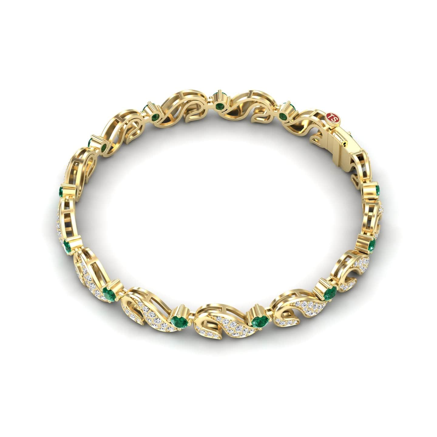 The Emerald & Diamond Swirl Link Bracelet - Elizabeth features an interlocking gold design with green gemstones and sections encrusted with white diamonds, beautifully displayed on a white background.