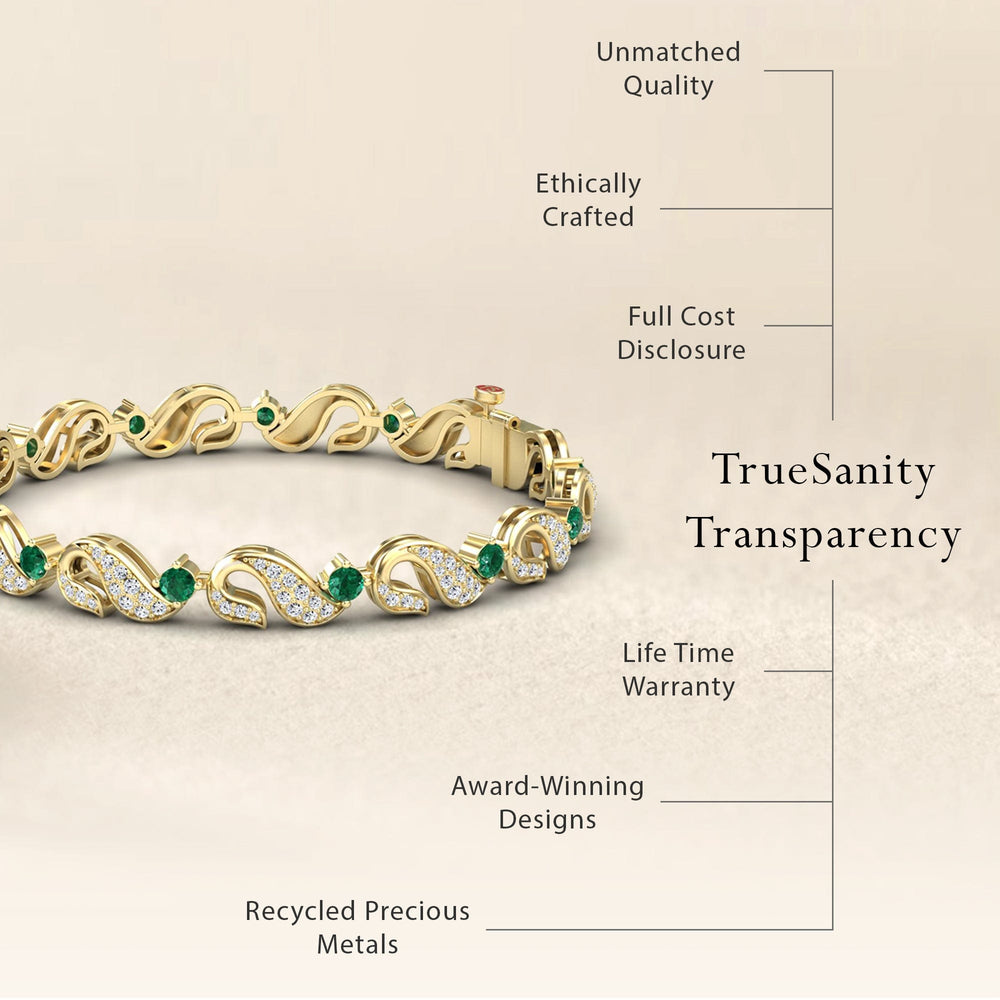The Emerald & Diamond Swirl Link Bracelet - Elizabeth, crafted from recycled precious metals, features unmatched quality and award-winning design with green and white gemstones. Enjoy ethical sourcing, full cost transparency, and a lifetime warranty.