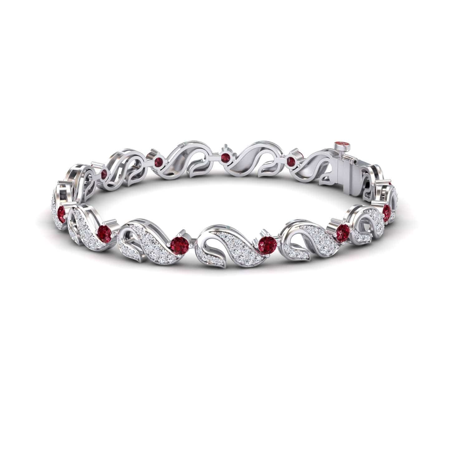 The Ruby & Diamond Swirl Link Bracelet - Elizabeth features an intricate leaf pattern with sparkling white stones and round red gemstones, beautifully displayed against a white background.