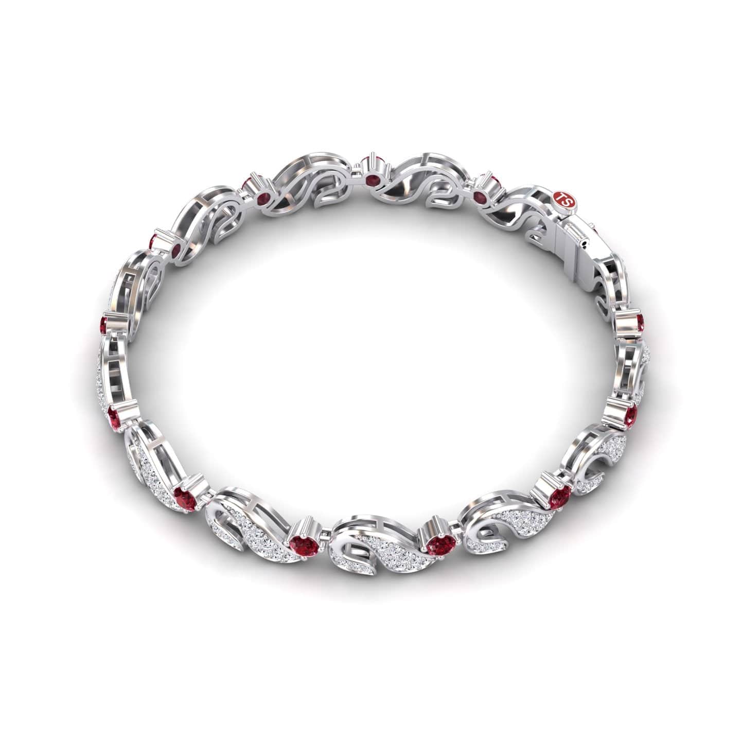 The Ruby & Diamond Swirl Link Bracelet - Elizabeth features an intricate silver design with alternating sparkling white diamonds and red rubies in an elegant, looped pattern.