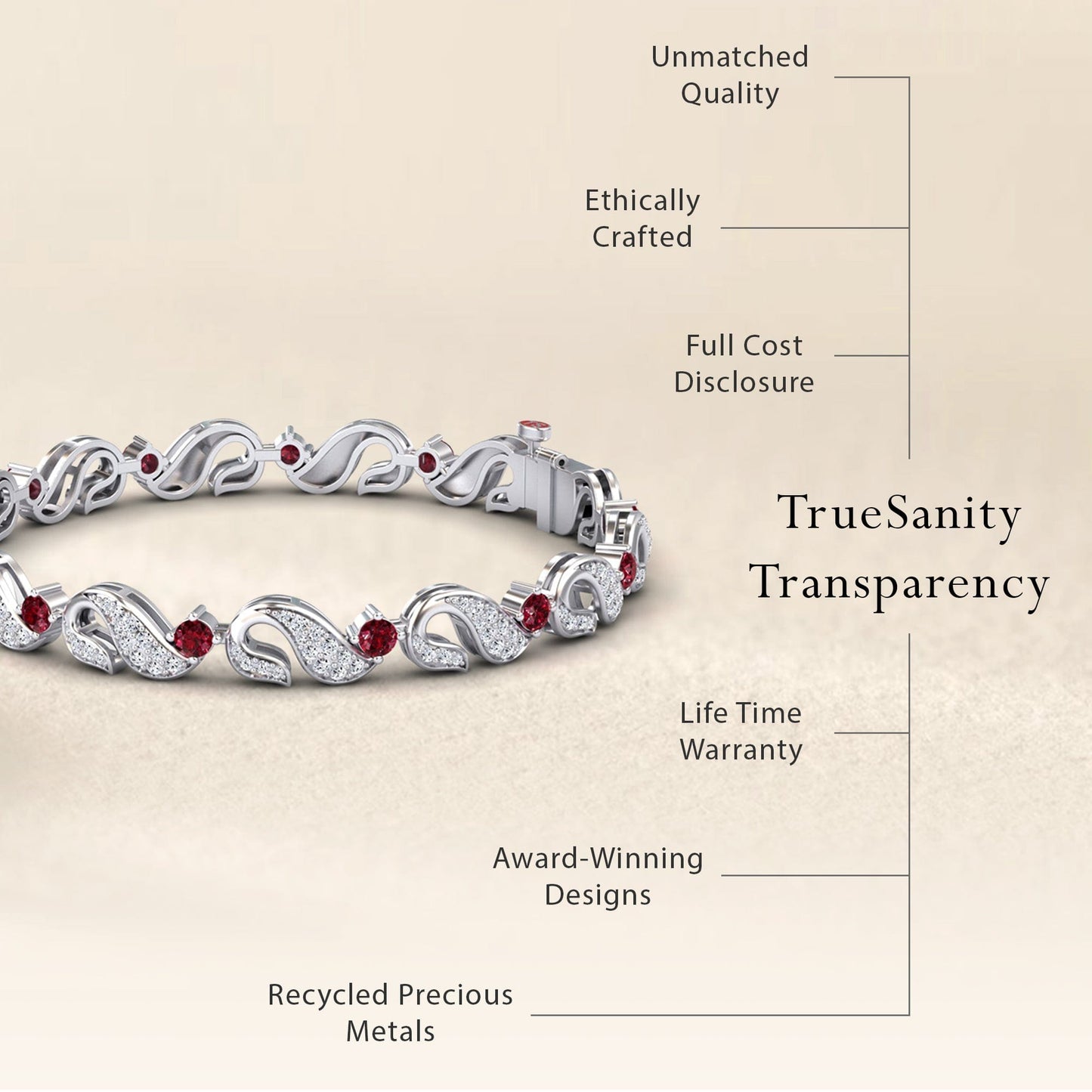 The Ruby & Diamond Swirl Link Bracelet - Elizabeth is showcased. Text highlights TrueSanity’s values: unmatched quality, ethical crafting, full cost transparency, lifetime warranty, recycled metals, and award-winning design.