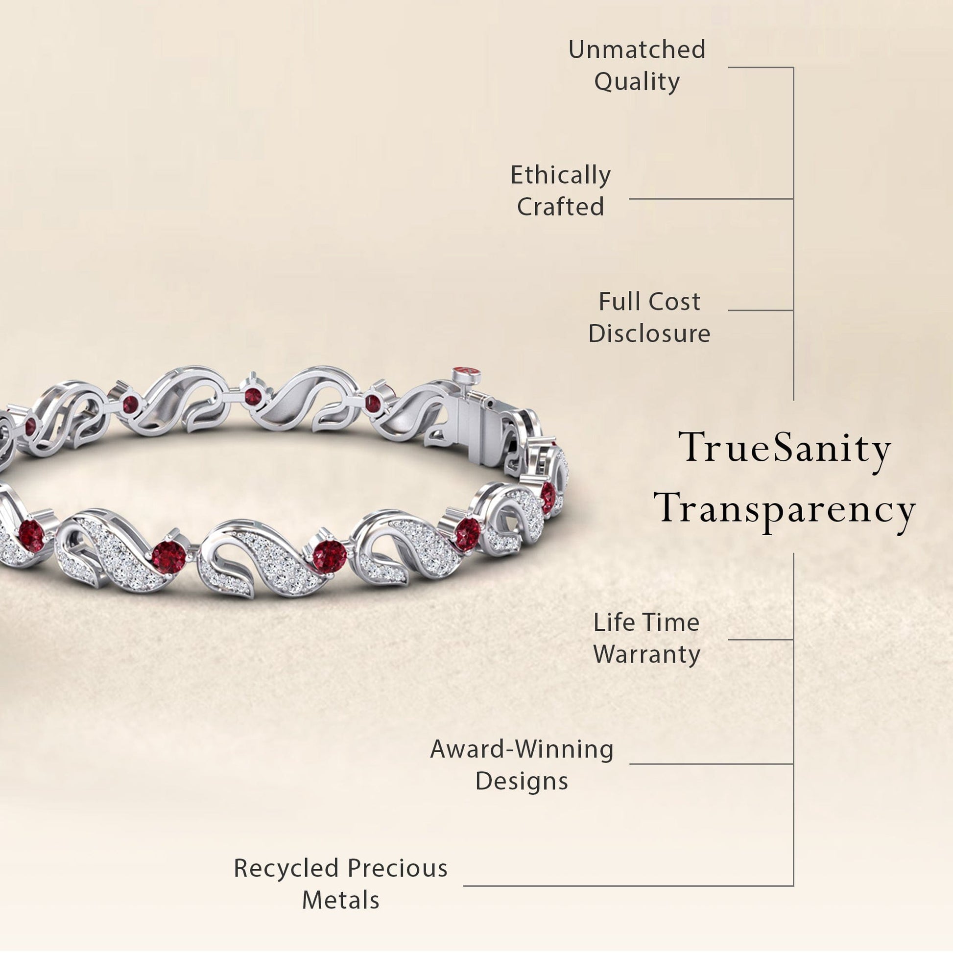 The Ruby & Diamond Swirl Link Bracelet - Elizabeth is showcased. Text highlights TrueSanity’s values: unmatched quality, ethical crafting, full cost transparency, lifetime warranty, recycled metals, and award-winning design.