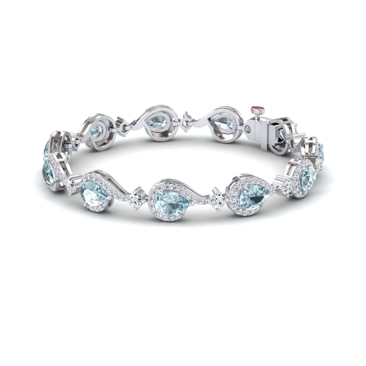 The Aquamarine & Diamond Tennis Bracelet - Gemma features alternating pear-shaped and round light blue aquamarines, each encircled by sparkling diamonds, all set in silver with a secure clasp.