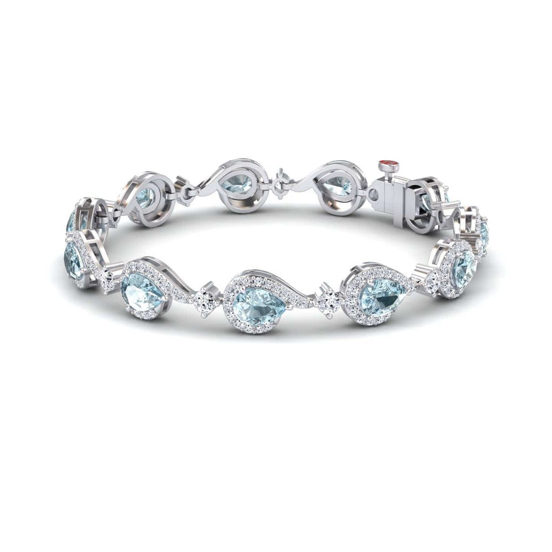 The Aquamarine & Diamond Tennis Bracelet - Gemma features alternating pear-shaped and round light blue aquamarines, each encircled by sparkling diamonds, all set in silver with a secure clasp.