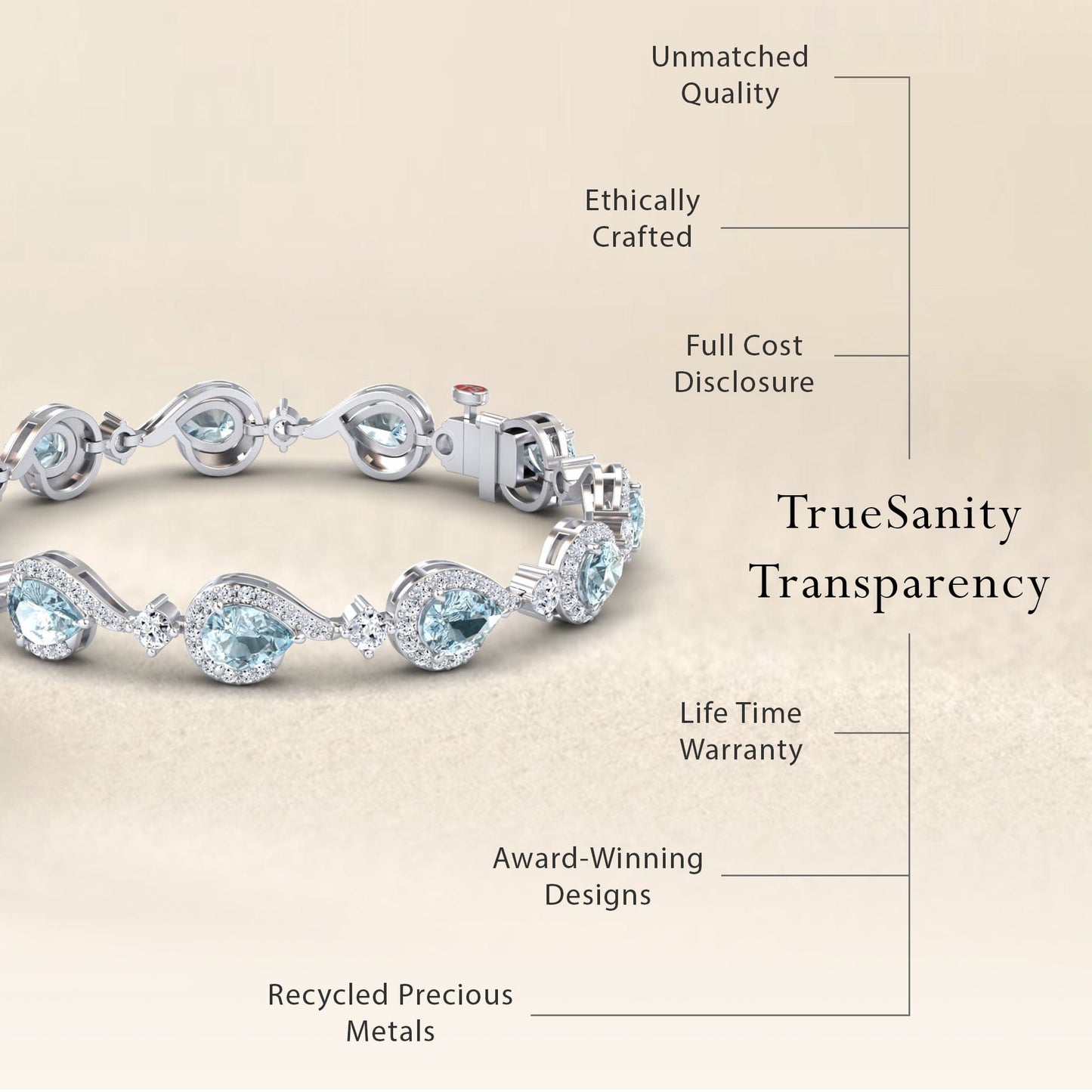The Aquamarine & Diamond Tennis Bracelet - Gemma is featured, with highlights such as unmatched quality, ethical crafting, full cost transparency, lifetime warranty, award-winning design, and recycled precious metals.