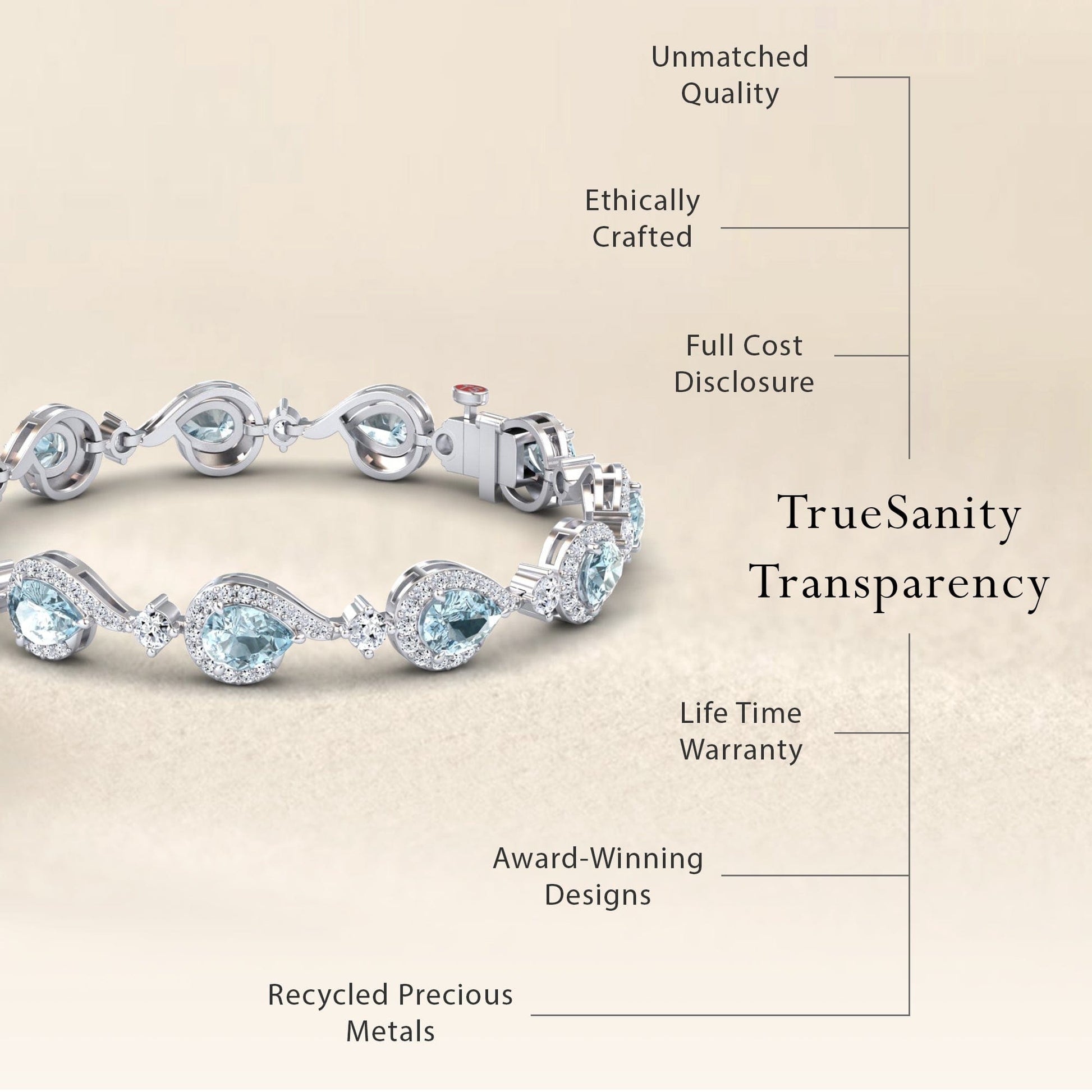 The Aquamarine & Diamond Tennis Bracelet - Gemma is featured, with highlights such as unmatched quality, ethical crafting, full cost transparency, lifetime warranty, award-winning design, and recycled precious metals.