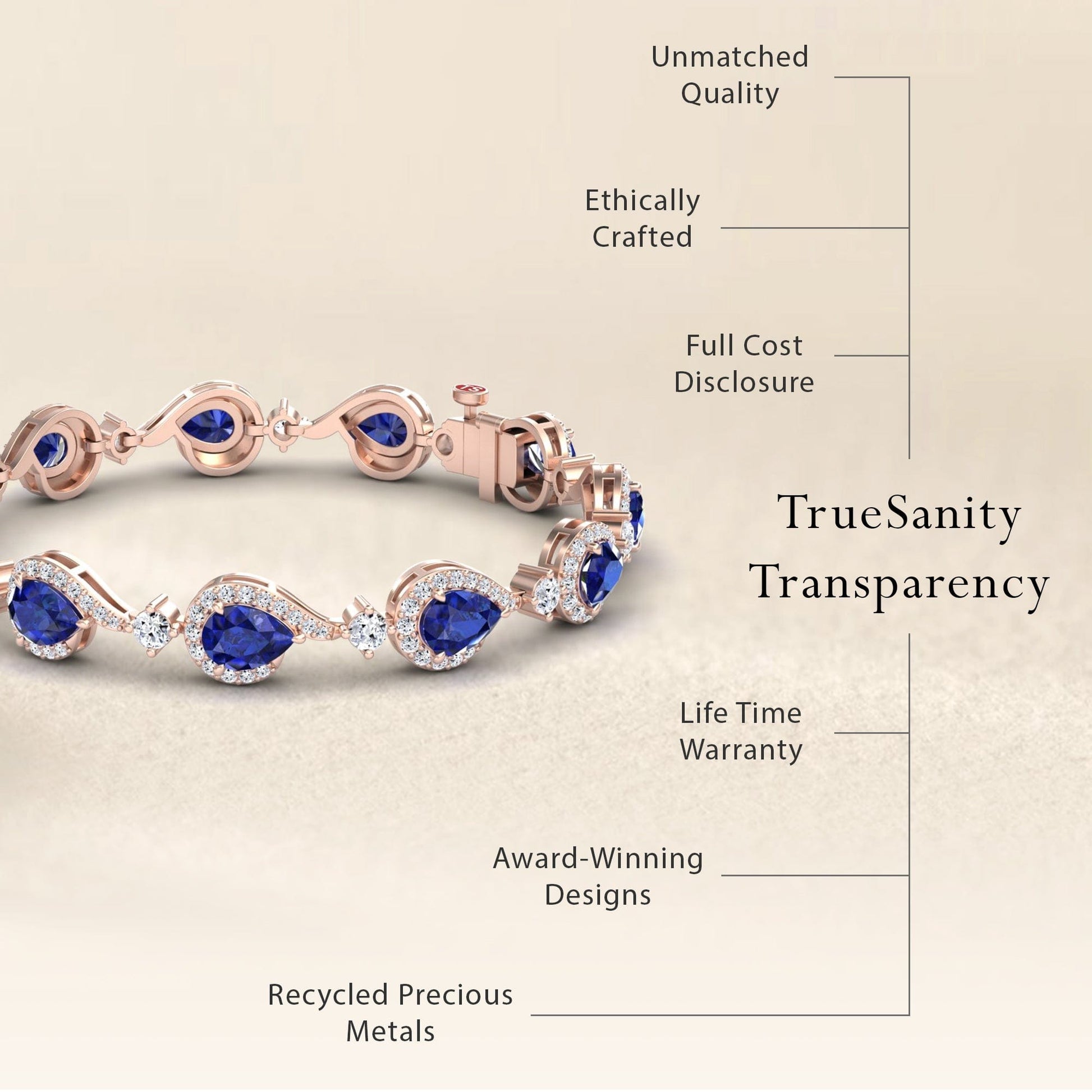 The Blue Sapphire & Diamond Tennis Bracelet - Gemma is showcased, featuring recycled rose gold, blue sapphires, diamonds, award-winning design, ethical craftsmanship, full cost transparency, unmatched quality, and a lifetime warranty.