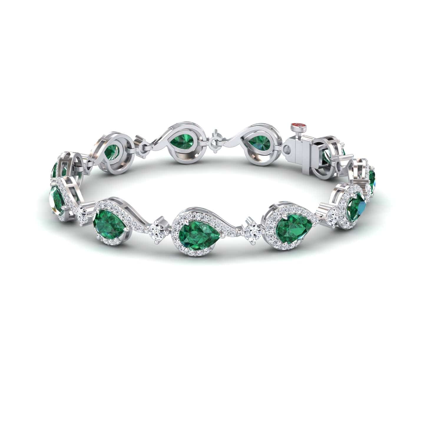 The Emerald & Diamond Tennis Bracelet - Gemma showcases alternating oval and pear-shaped green gemstones, each encircled by sparkling diamonds, linked in an elegant, flowing design.