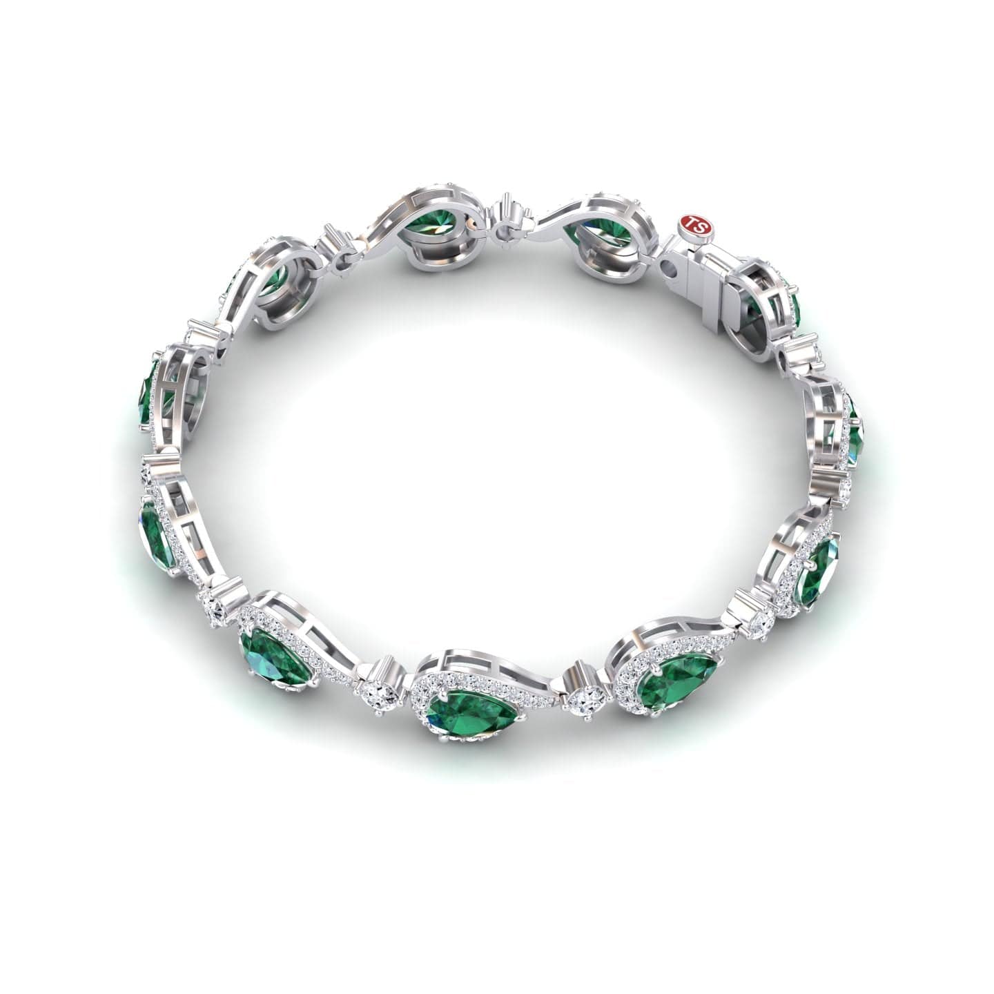 The Emerald & Diamond Tennis Bracelet - Gemma showcases oval green gemstones framed by white diamonds in a continuous silver design, displayed on a white background.